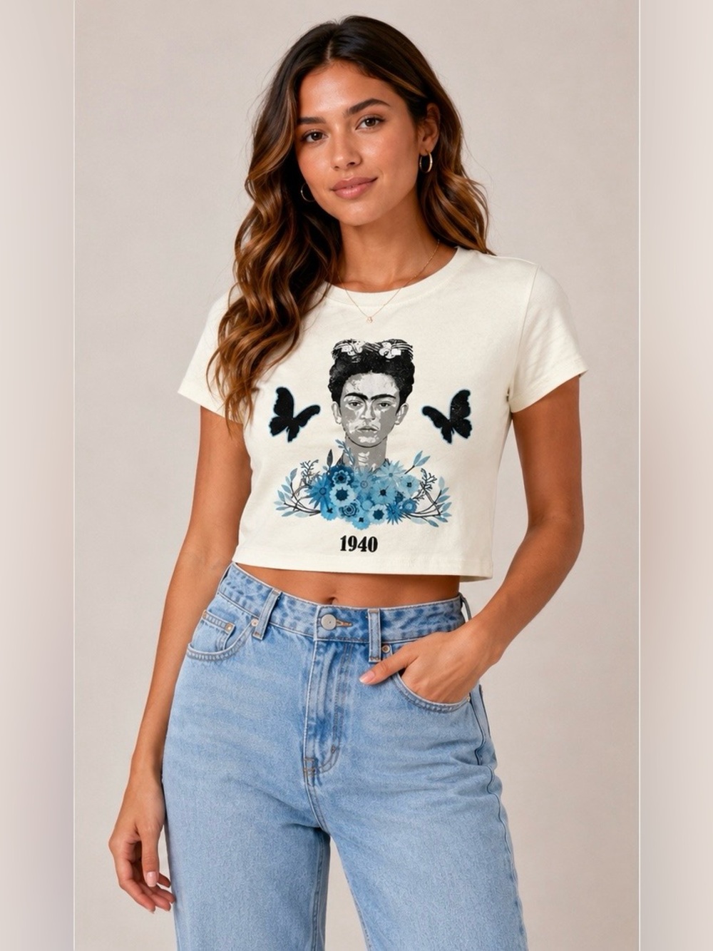 Frida Kahlo Self Portrait Graphic Crop Top Cream Blue Size S NWT